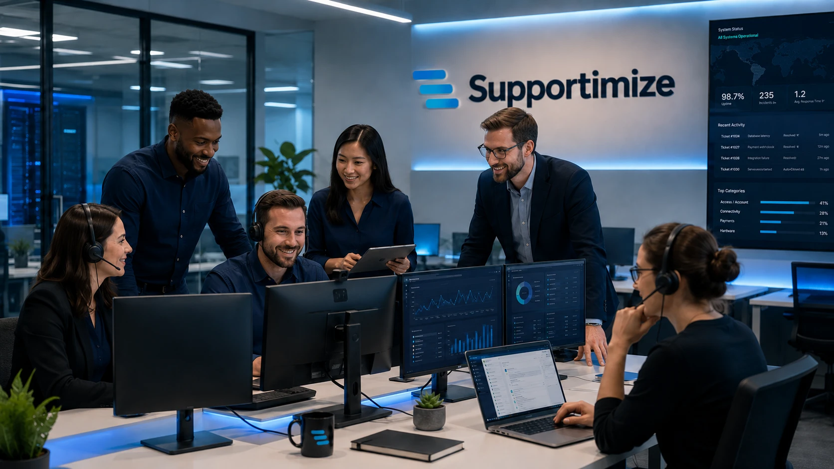 The Supportimize team collaborating in the support operations room